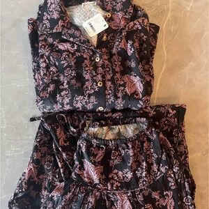 Floral Button-Up Top and Pant Set - Black and Pink